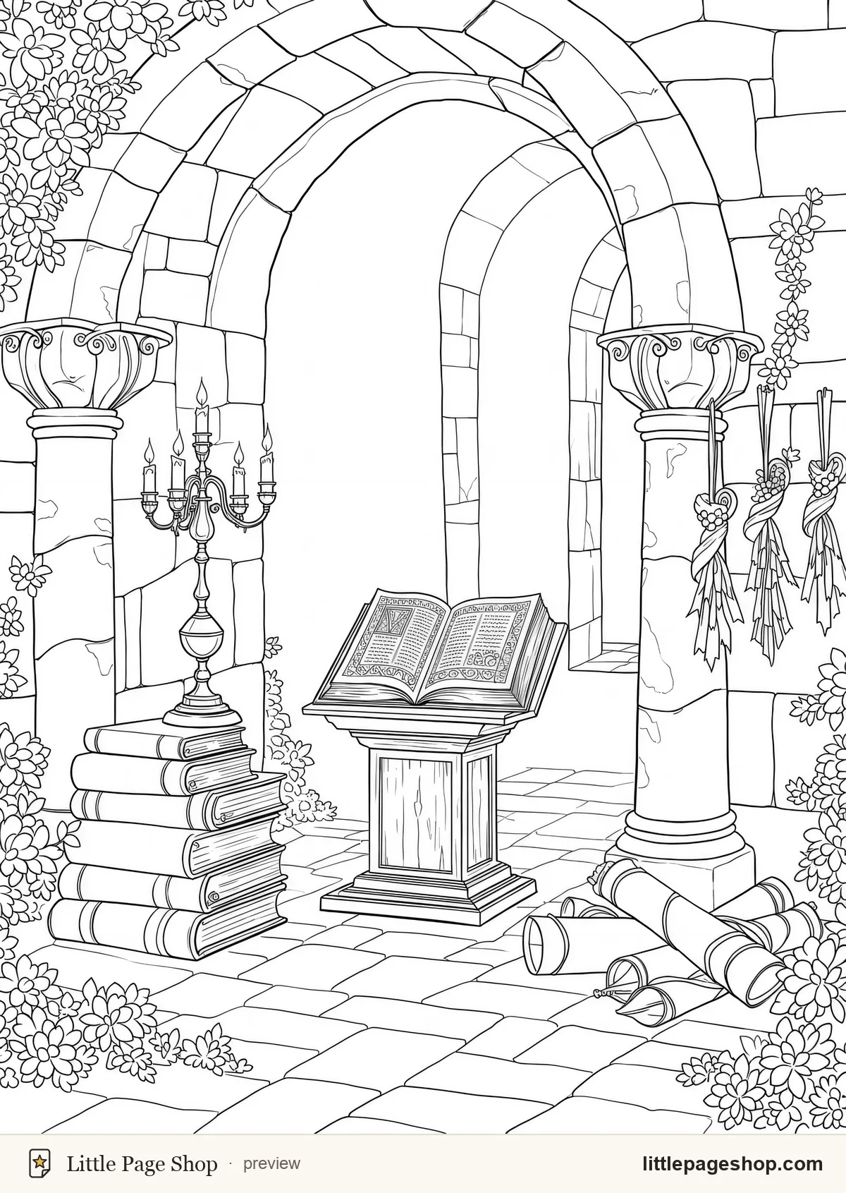 The Wizard's Tower — coloring page 19: A candlelit alcove with a single open book on a lectern