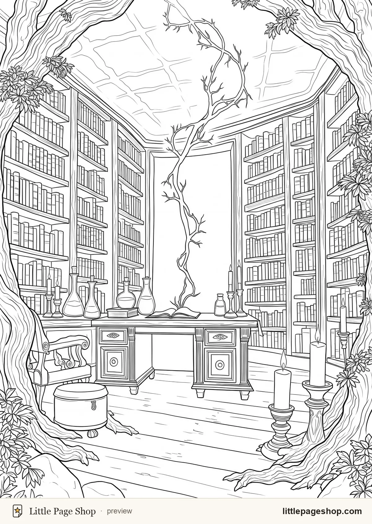 The Wizard's Tower — coloring page 25: A workroom mid-experiment with light spilling from a flask