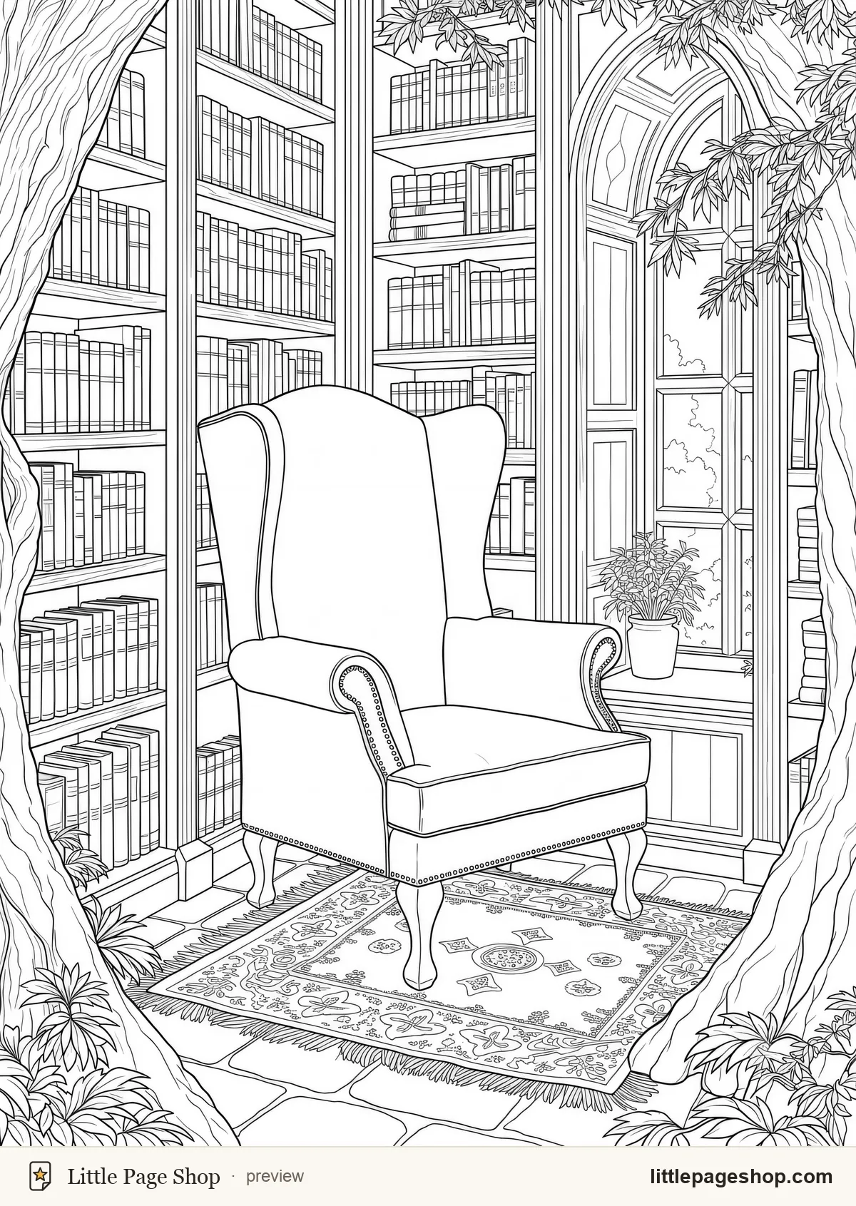 The Wizard's Tower — coloring page 31: A reading nook wedged between two bookcases
