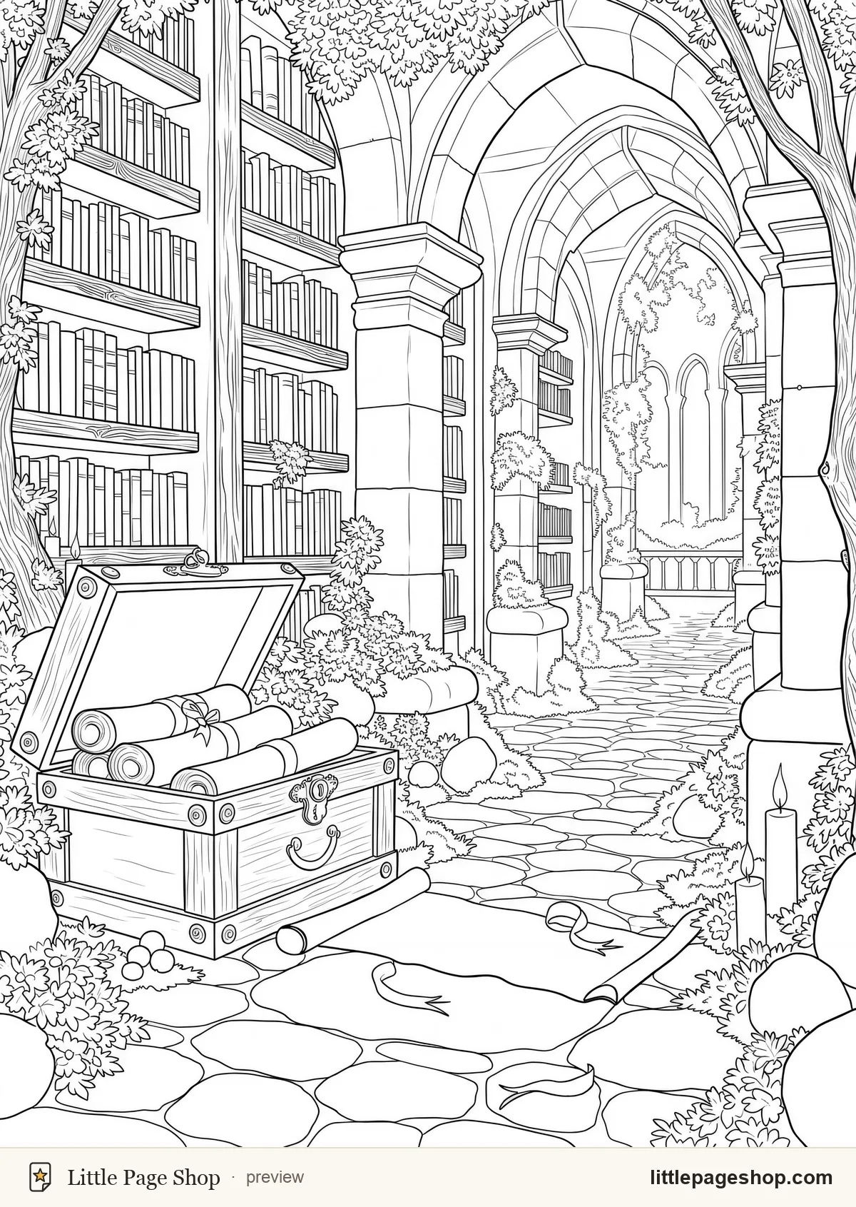 The Wizard's Tower — coloring page 37: A chest of scrolls open on the flagstones