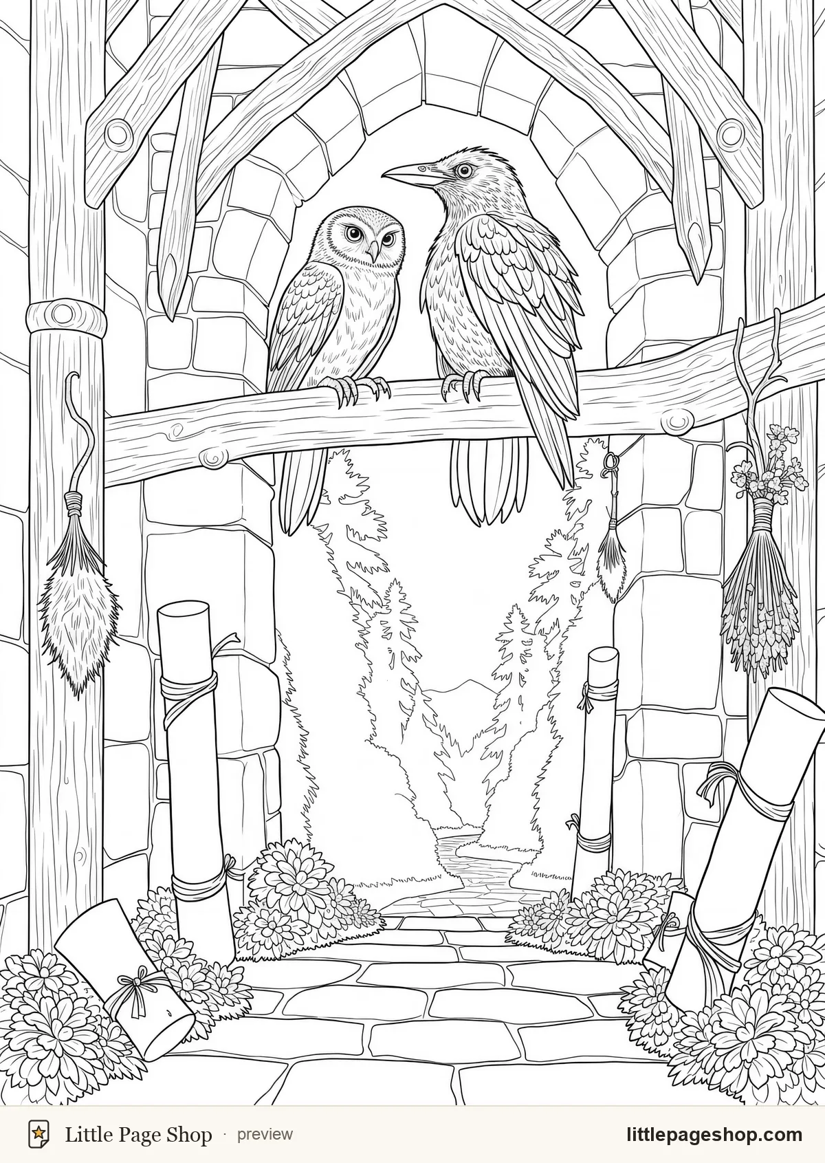 The Wizard's Tower — coloring page 43: An owl and a raven sharing a high beam