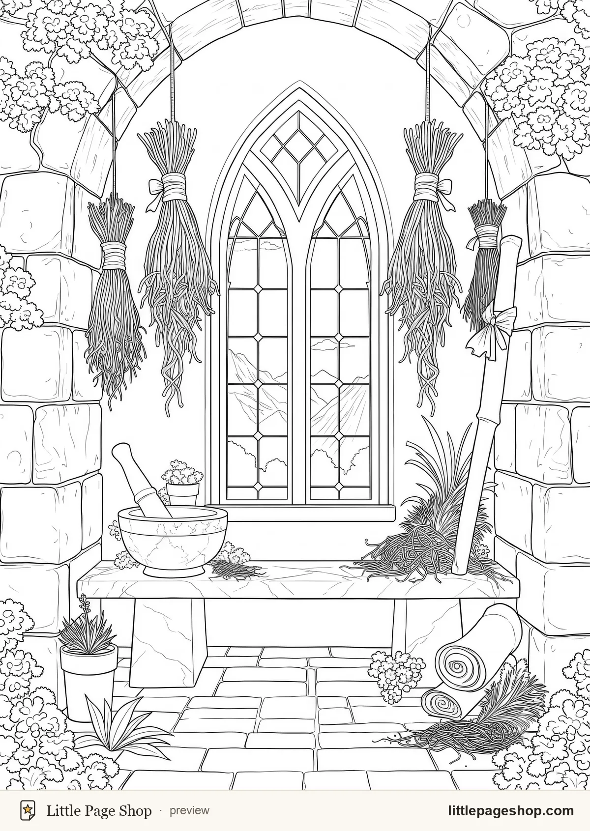 The Wizard's Tower — coloring page 55: A store of dried roots hanging above a stone bench