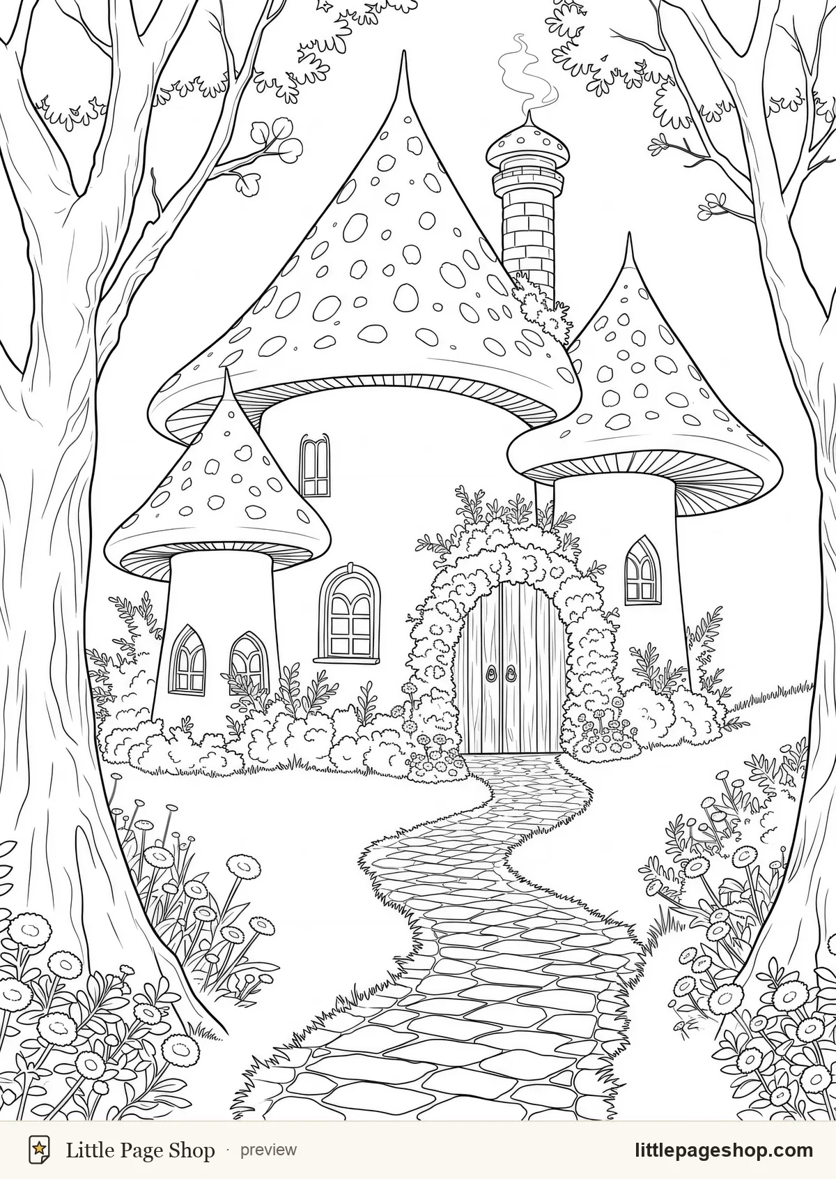 Toadstool Villages — coloring page 1: A toadstool cottage with a round door and a smoking chimney at the head of a lane