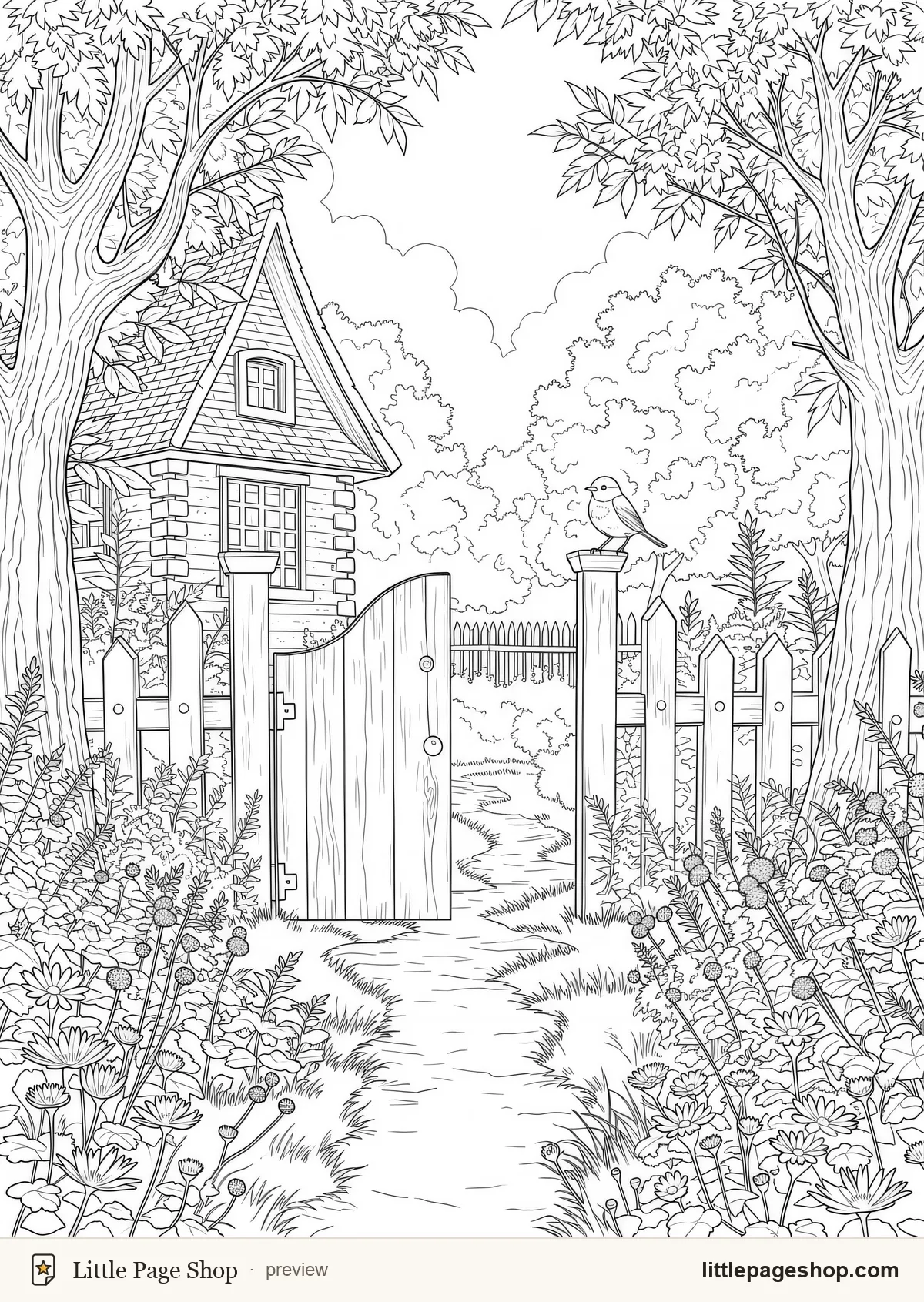 Toadstool Villages — coloring page 19: A garden gate opening onto a vegetable plot behind a cottage