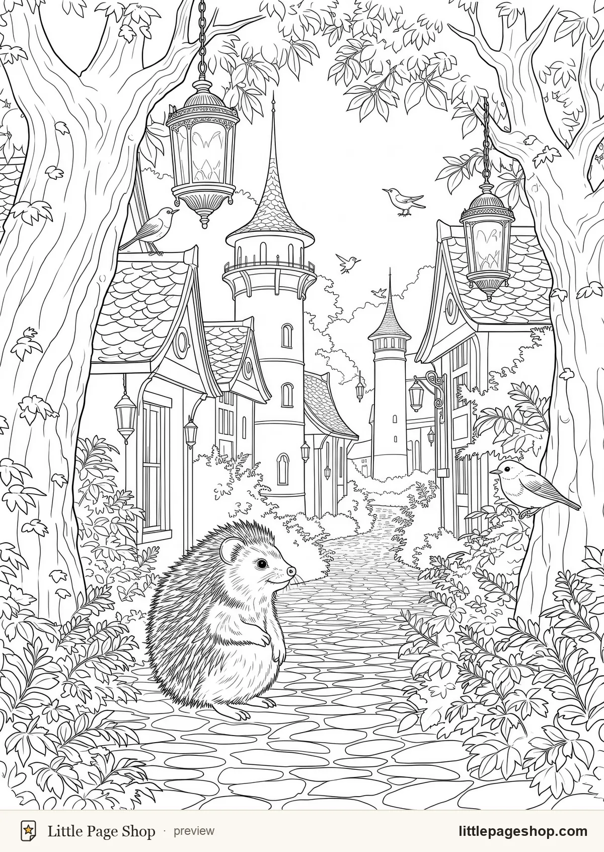 Toadstool Villages — coloring page 31: A hedgehog trundling home along the lower lane