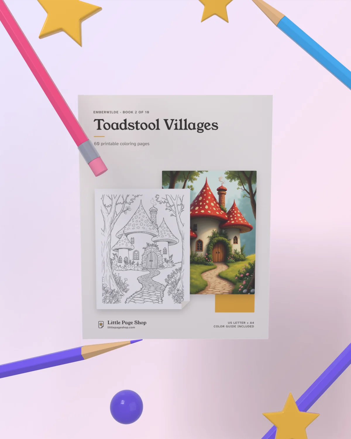 Toadstool Villages — 3D view with colored pencils