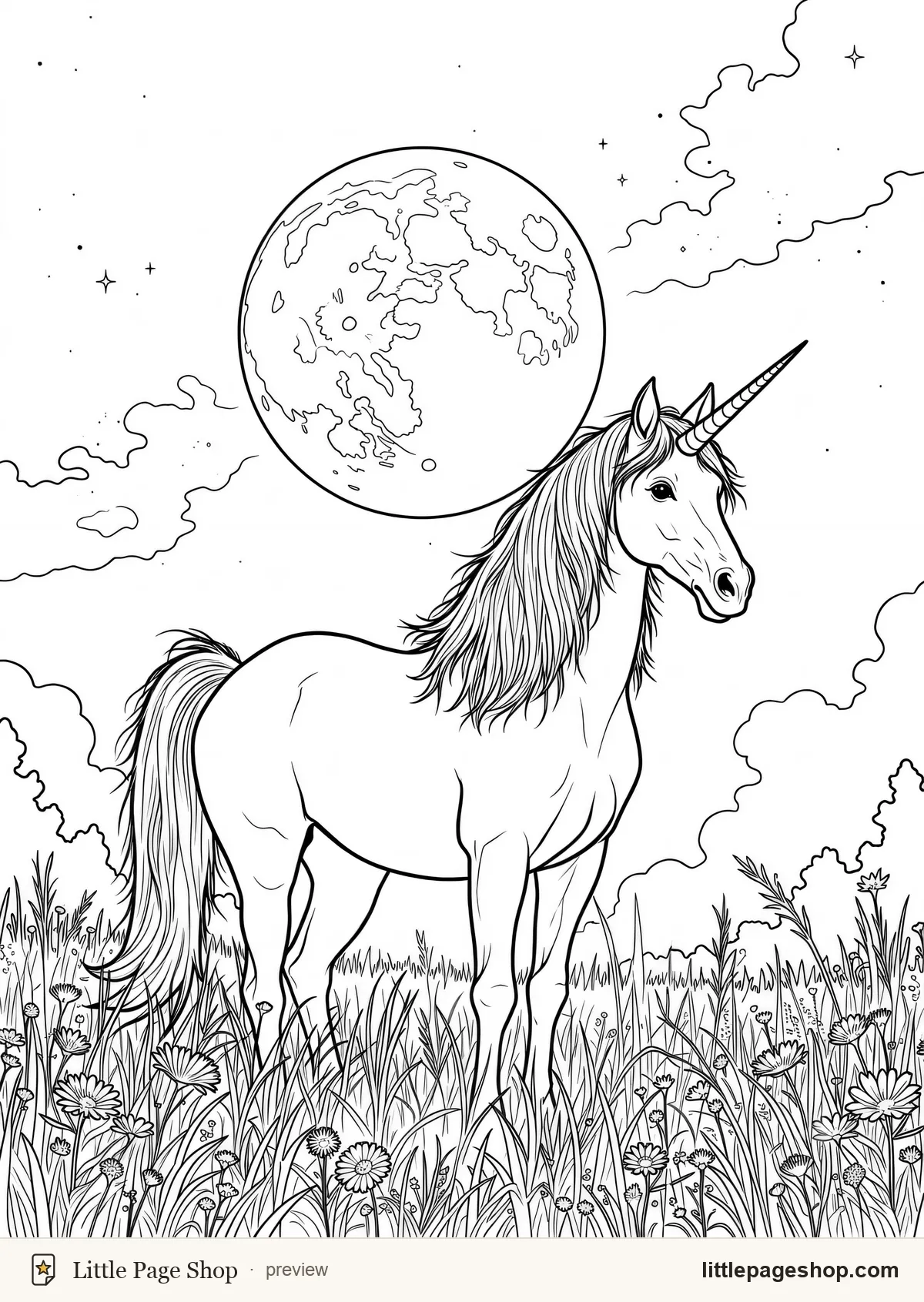 Coloring page of a unicorn standing in a moonlit meadow of tall grass