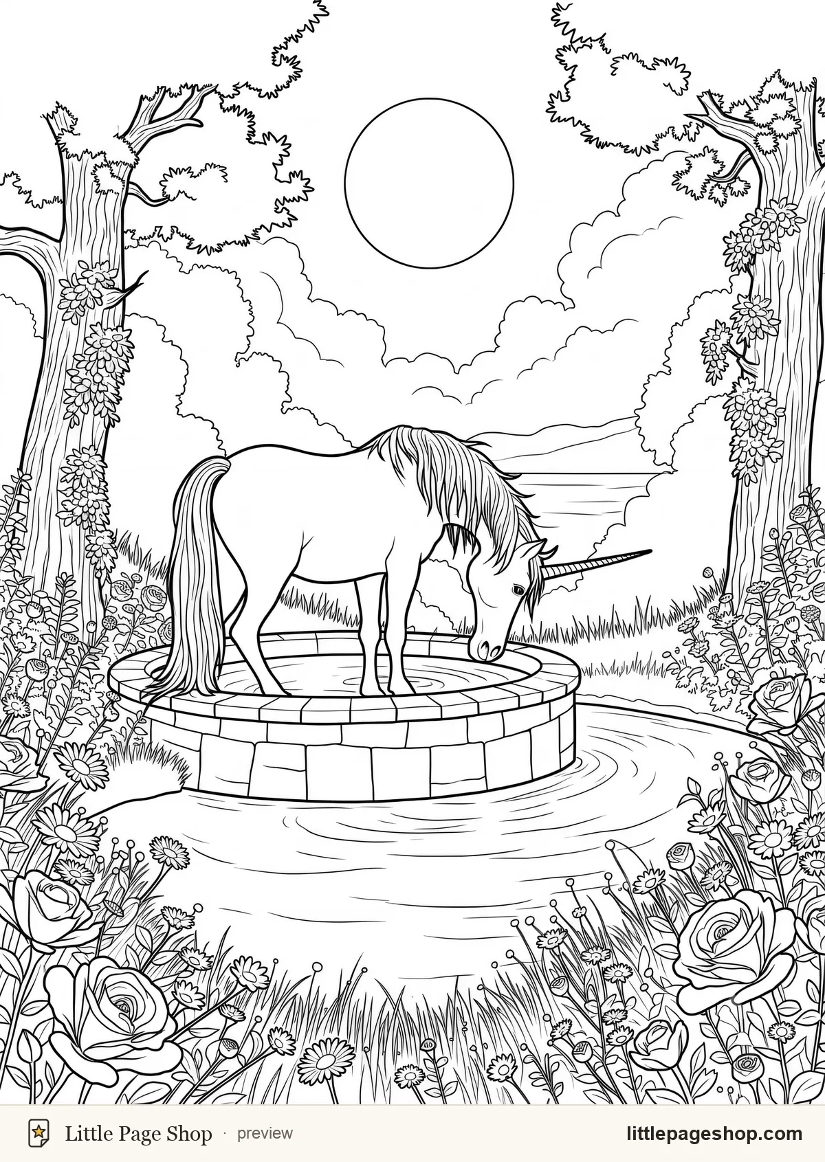 Coloring page of a garden fountain with a unicorn drinking from the basin