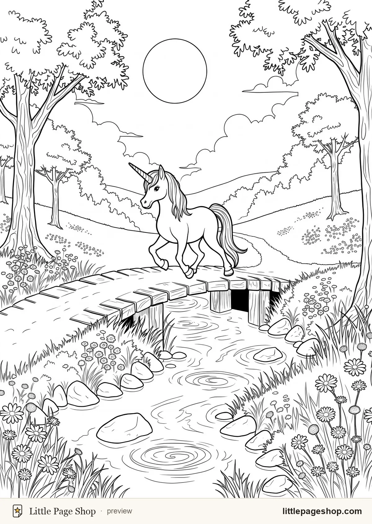 Unicorns and Moonlit Meadows — coloring page 49: A unicorn crossing a wooden footbridge