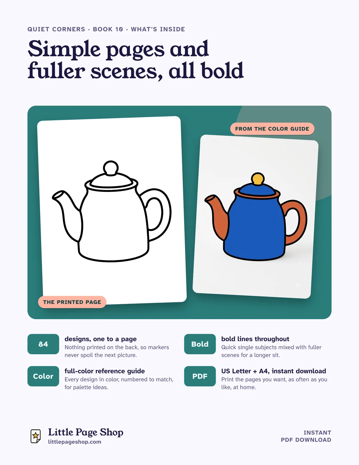 Vintage Teacups & Floral Patterns — what's inside: a page and its color guide version