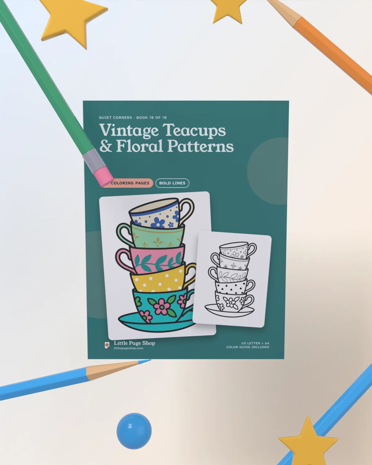 Vintage Teacups & Floral Patterns — 3D view with colored pencils